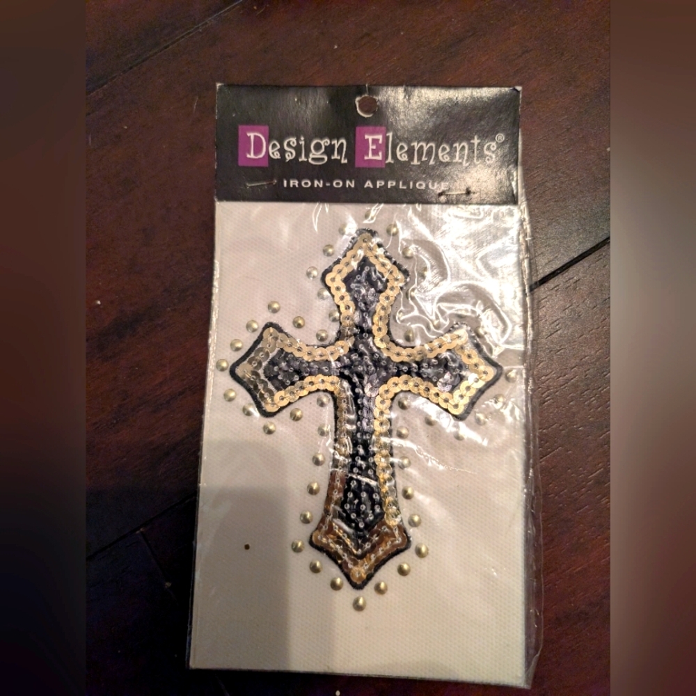 🦋 Craft Sequin Cross Iron-On Applique - Gold and Black